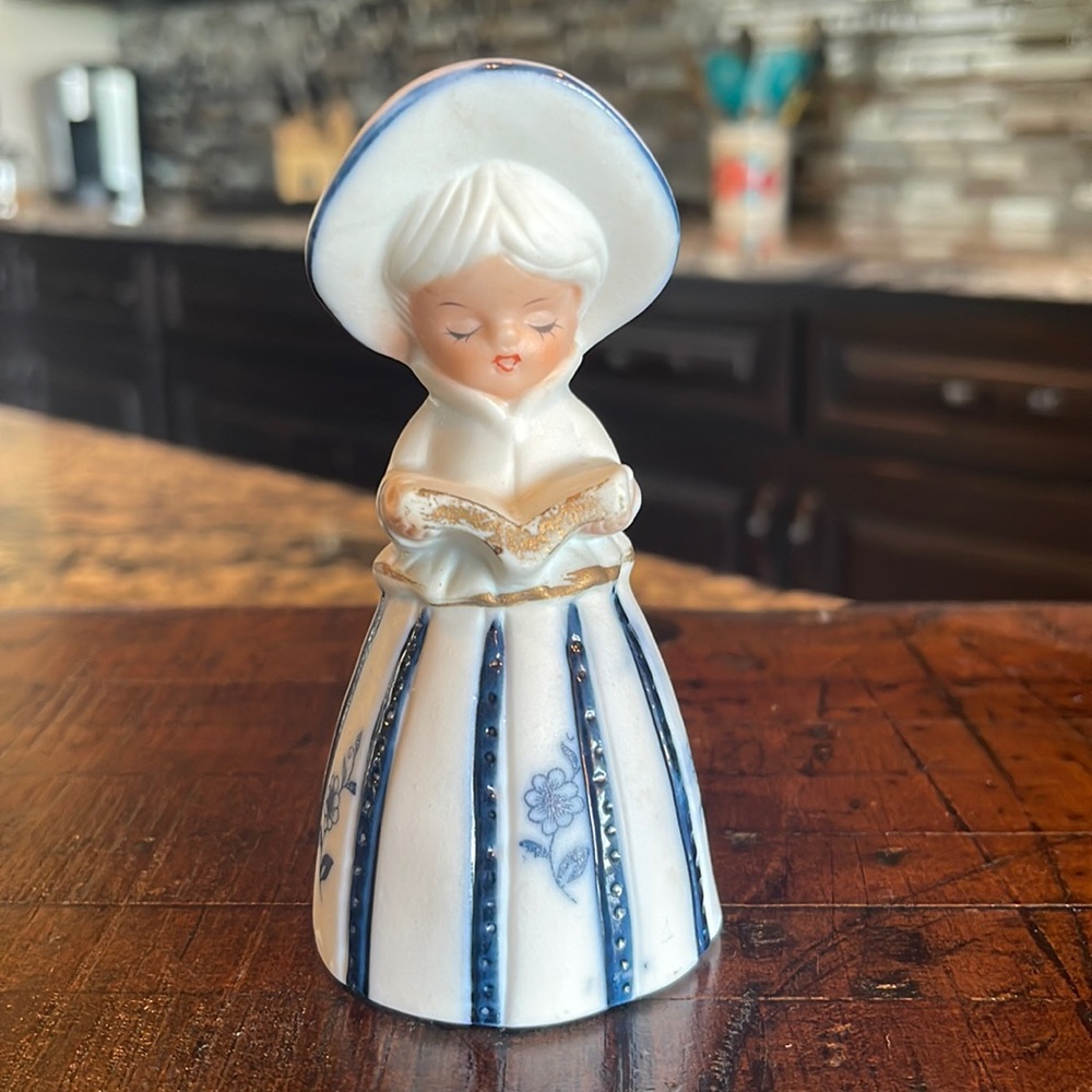 Vintage Royal Majestic Jasco Blue & White Porcelain Bisque Choir Lady Bell